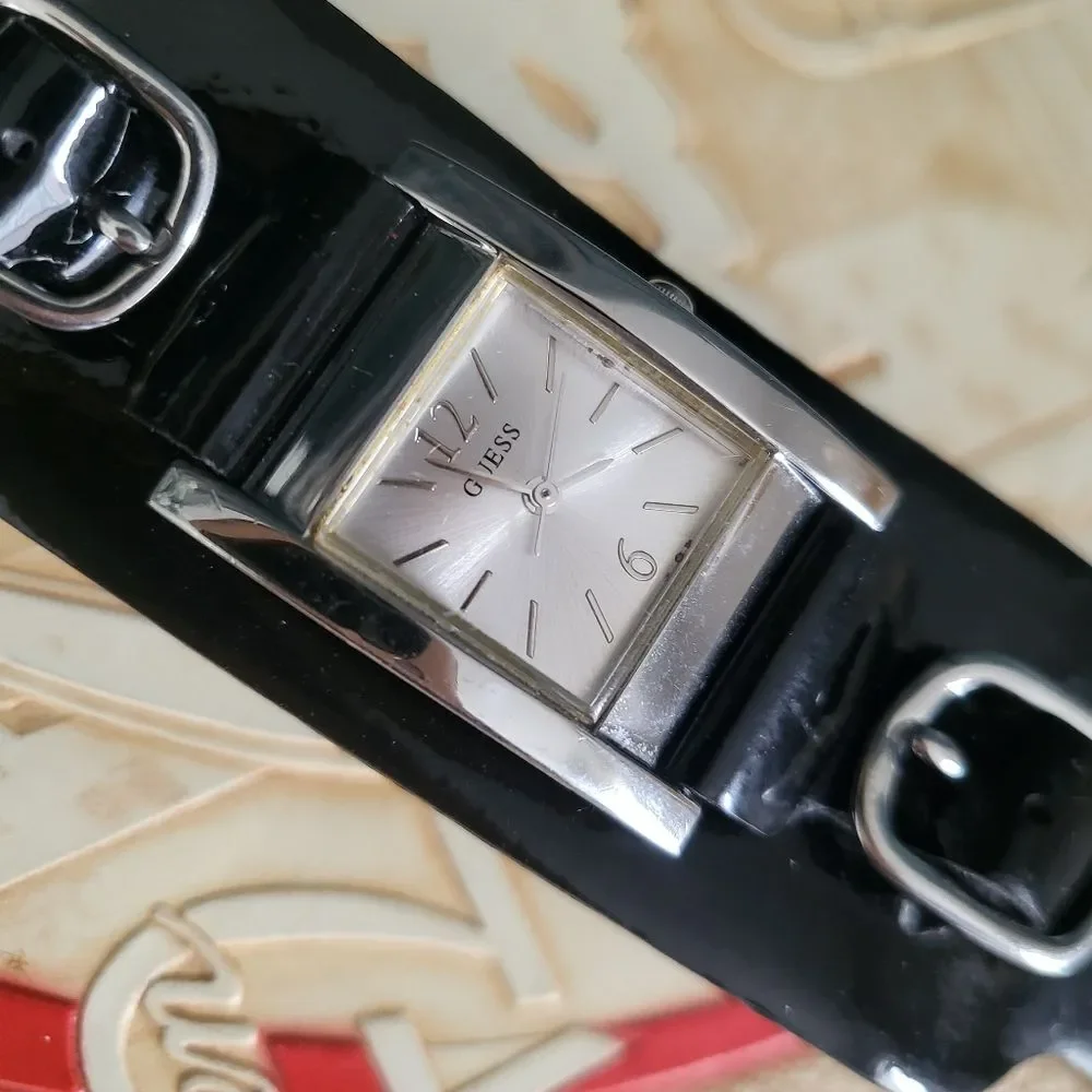 Vintage Guess Black Wide Double Buckle Black Silver Patent Leather Watch